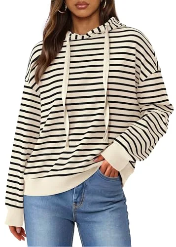KIRUNDO Striped Long Sleeve Drawstring Hoodie in Beige