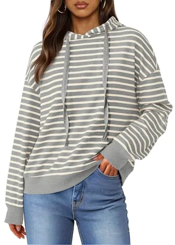 KIRUNDO Striped Long Sleeve Drawstring Hoodie in Grey