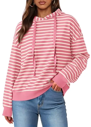 KIRUNDO Striped Long Sleeve Drawstring Hoodie in Pink