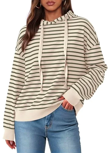 KIRUNDO Striped Long Sleeve Drawstring Hoodie in Stripe Army Green Beige
