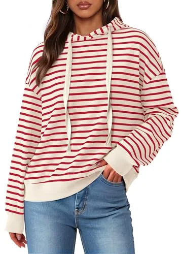 KIRUNDO Striped Long Sleeve Drawstring Hoodie in Stripe Red Beige