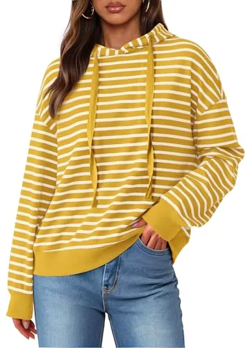KIRUNDO Striped Long Sleeve Drawstring Hoodie in Yellow
