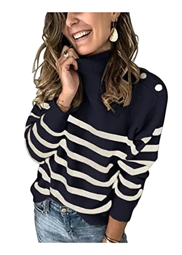 KIRUNDO Striped Turtleneck Sweater in Navy