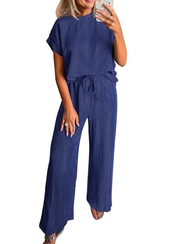 KIRUNDO Textured Tee and Pant Lounge Set in Dark Blue