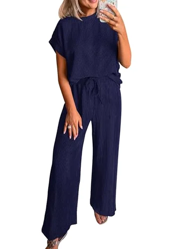 KIRUNDO Textured Tee and Pant Lounge Set in Navy
