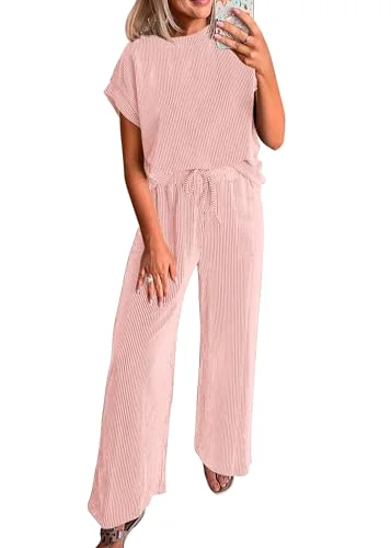KIRUNDO Textured Tee and Pant Lounge Set in Pink