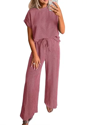 KIRUNDO Textured Tee and Pant Lounge Set in Purple Red