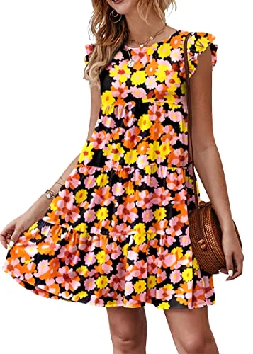 KIRUNDO Tiered Flutter Sleeve Babydoll Dress in Black Orange Yellow Floral