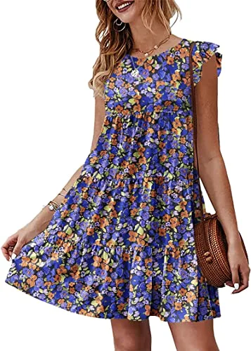 KIRUNDO Tiered Flutter Sleeve Babydoll Dress in Black Purple Floral