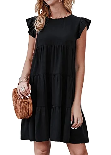 KIRUNDO Tiered Flutter Sleeve Babydoll Dress in Black