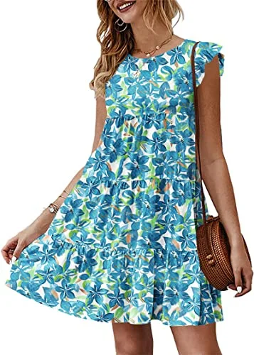 KIRUNDO Tiered Flutter Sleeve Babydoll Dress in Blue Floral