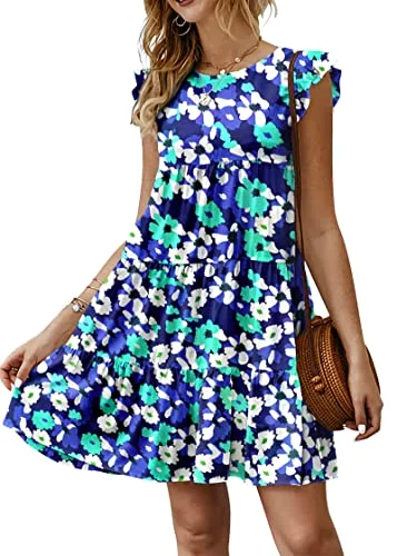 KIRUNDO Tiered Flutter Sleeve Babydoll Dress in Blue Green White Floral