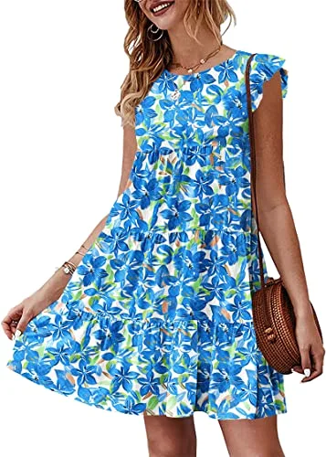 KIRUNDO Tiered Flutter Sleeve Babydoll Dress in Dark Blue Floral
