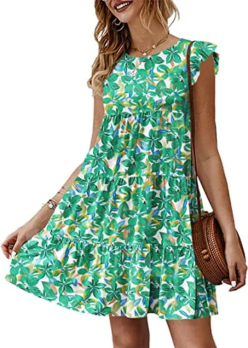 KIRUNDO Tiered Flutter Sleeve Babydoll Dress in Green Floral