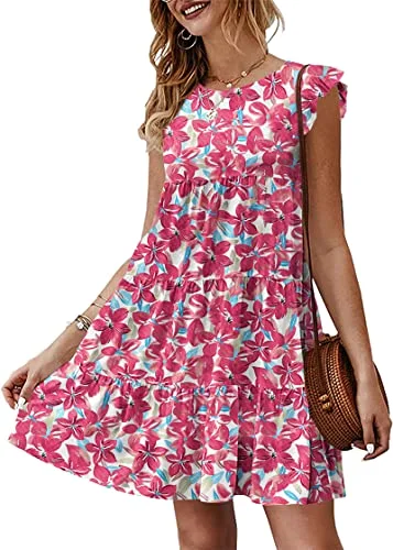 KIRUNDO Tiered Flutter Sleeve Babydoll Dress in Rose Red Floral