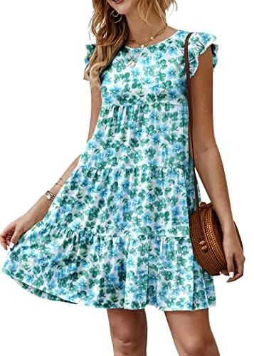 KIRUNDO Tiered Flutter Sleeve Babydoll Dress in White Blue Green Floral