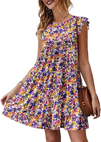 KIRUNDO Tiered Flutter Sleeve Babydoll Dress in White Purple Floral
