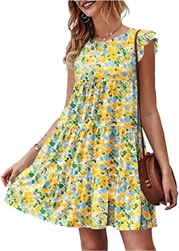 KIRUNDO Tiered Flutter Sleeve Babydoll Dress in White Yellow Floral