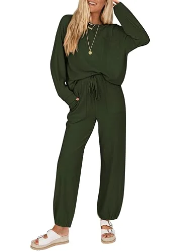 KIRUNDO Waffle Knit Jogger Lounge Set in Army Green