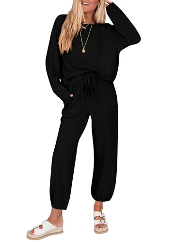 KIRUNDO Waffle Knit Jogger Lounge Set in Black