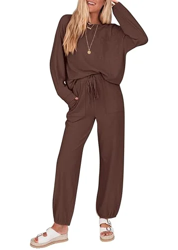 KIRUNDO Waffle Knit Jogger Lounge Set in Coffee