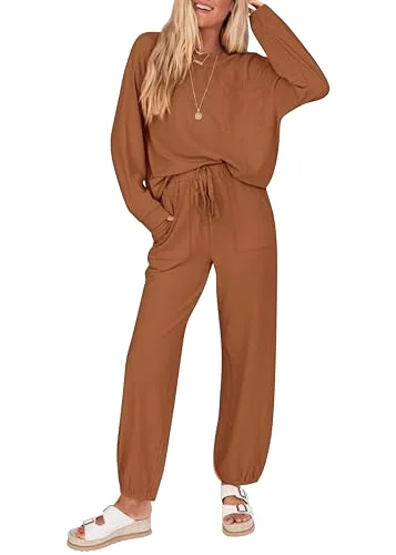 KIRUNDO Waffle Knit Jogger Lounge Set in Dark Khaki