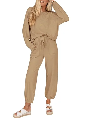 KIRUNDO Waffle Knit Jogger Lounge Set in Khaki