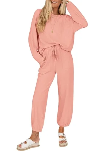 KIRUNDO Waffle Knit Jogger Lounge Set in Pink