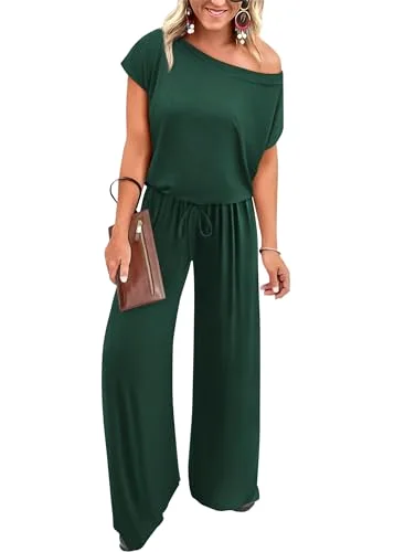 KIRUNDO Wide Leg Off-Shoulder Jumpsuit in Dark Green