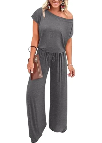 KIRUNDO Wide Leg Off-Shoulder Jumpsuit in Dark Grey