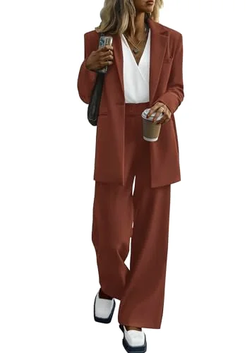 KIRUNDO Wide Leg Pant Suit Set in Brown Red