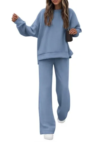 KIRUNDO Wide Leg Sweatsuit Set in Dusty Blue