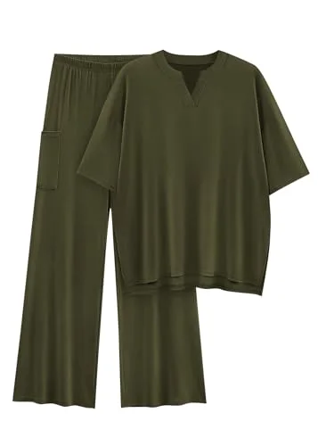 KIRUNDO Wide Leg Tee Lounge Set in Army Green