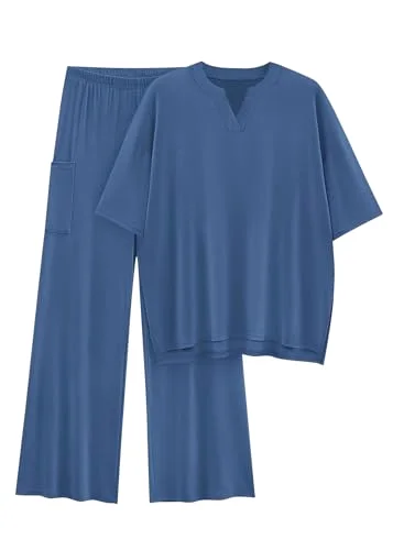 KIRUNDO Wide Leg Tee Lounge Set in Blue
