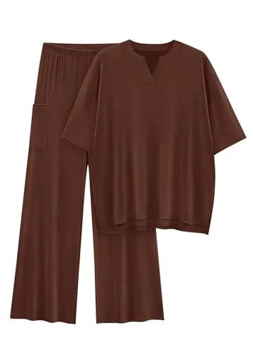 KIRUNDO Wide Leg Tee Lounge Set in Brown