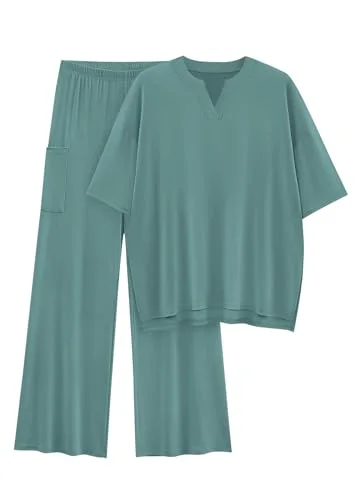 KIRUNDO Wide Leg Tee Lounge Set in Fruit Green