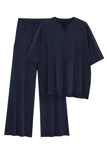 KIRUNDO Wide Leg Tee Lounge Set in Navy Blue