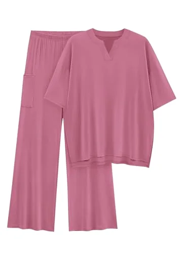 KIRUNDO Wide Leg Tee Lounge Set in Pink