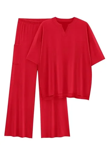 KIRUNDO Wide Leg Tee Lounge Set in Red