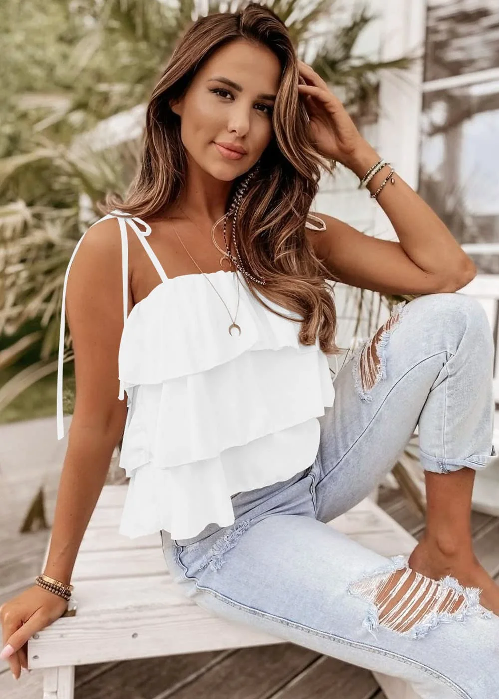 KIRUNDO Peplum Ruffle Babydoll Tank Top in White, view 4
