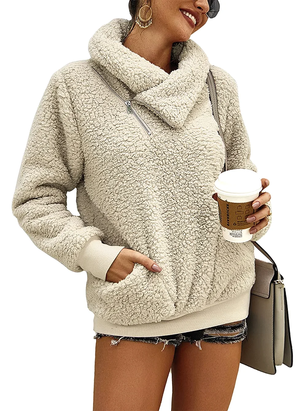 KIRUNDO Sherpa Fleece Sweatshirt in Apricot