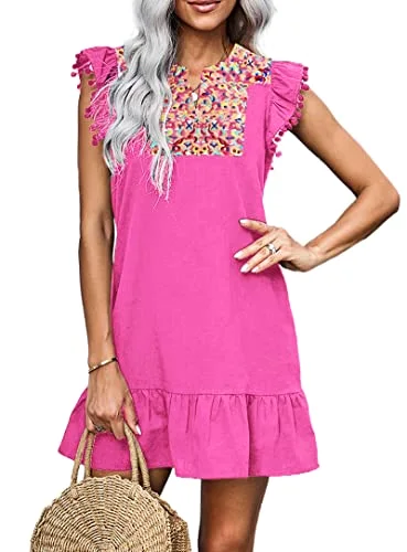 KIRUNDO Embroidered Boho Mini Dress in Rose Red