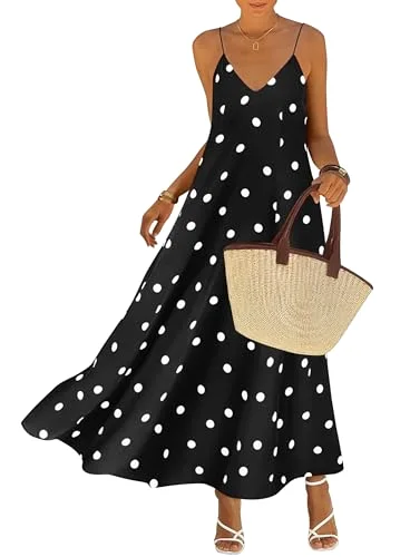 KIRUNDO Polka Dot Spaghetti Strap Flowy Maxi Dress in Black