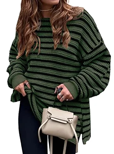 KIRUNDO Striped Oversized Sweater in Dark Army Green