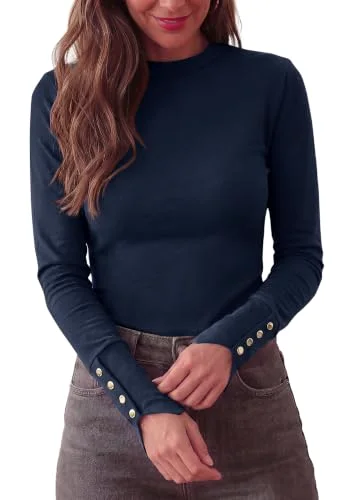 KIRUNDO Button Cuff Long Sleeve Top in Navy Blue