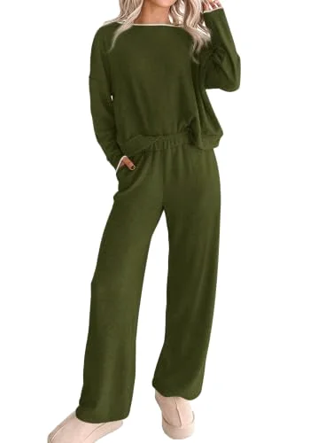 KIRUNDO Long Sleeve Wide Leg Lounge Set in Army Green