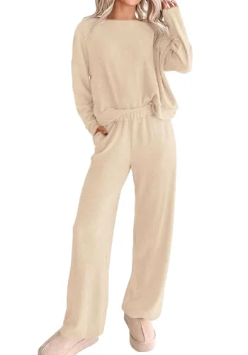 KIRUNDO Long Sleeve Wide Leg Lounge Set in Beige