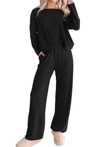 KIRUNDO Long Sleeve Wide Leg Lounge Set in Black
