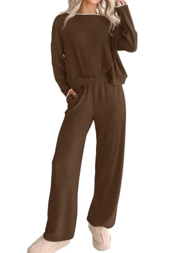 KIRUNDO Long Sleeve Wide Leg Lounge Set in Brown