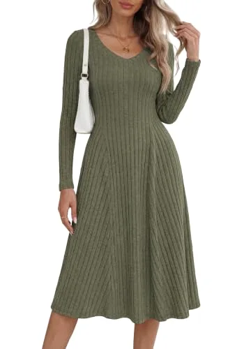 KIRUNDO Ribbed V-Neck Midi Sweater Dress in Army Green
